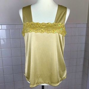 Silky Lace Detail Sequin Embellished Tank Top Gold Large